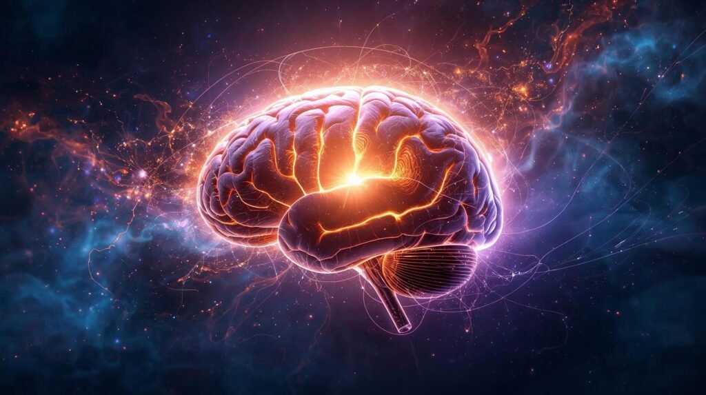 The Power of Your Subconscious Mind Summary featured illustration of brain and cosmic energy