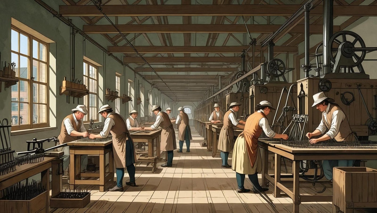"18th-century factory workers demonstrating the division of labour in a pin factory"