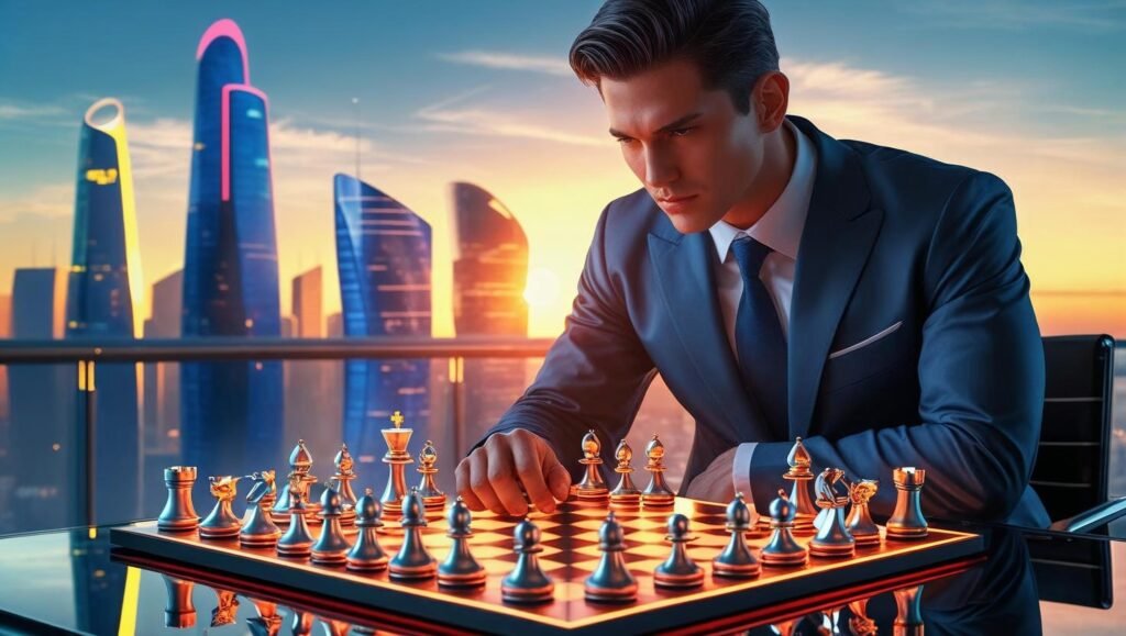 Business leader planning strategic moves on a futuristic chessboard representing strategic business moves.