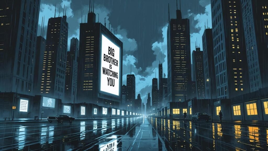 Dystopian cityscape with surveillance screens for 1984 Book Review featured image.