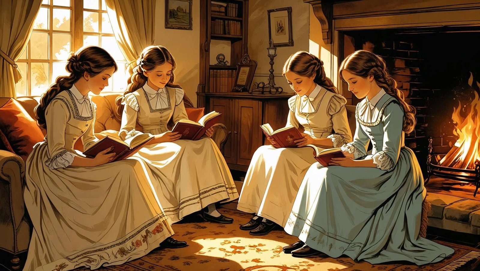 Vintage-style illustration of March sisters reading by the fireplace – featured image for Little Women Book Review.