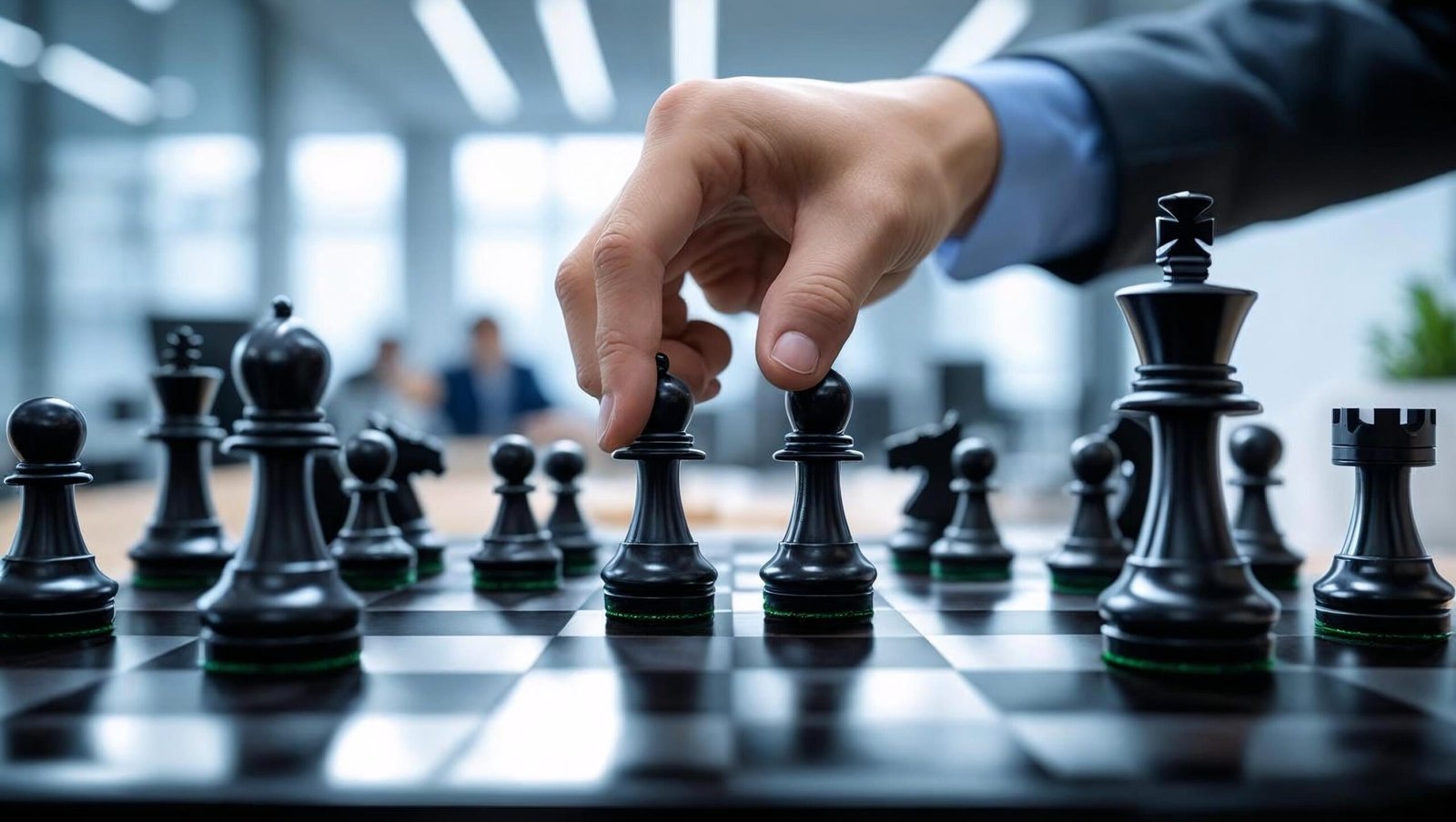 Hand moving chess pieces on a sleek chessboard symbolizing strategic business moves and decision-making.
