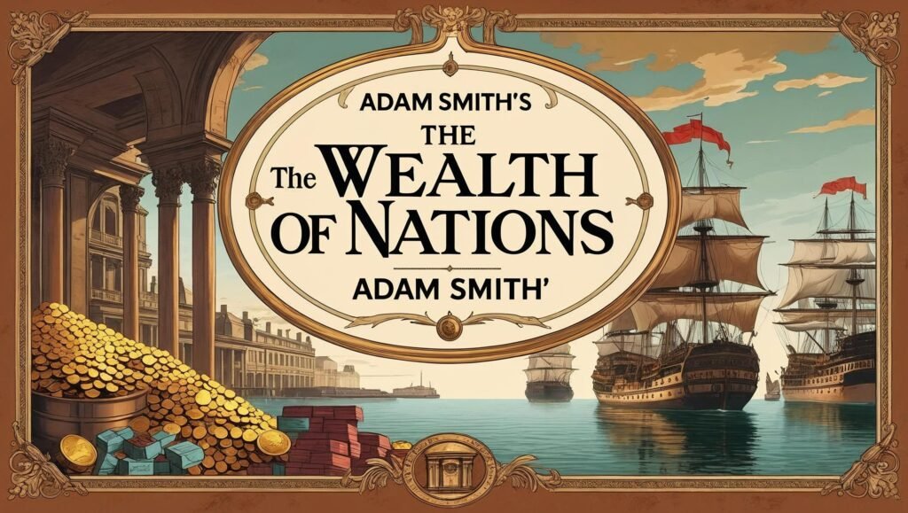 "Classic vintage style book cover of Adam Smith's The Wealth of Nations with economic symbols and historical elements"