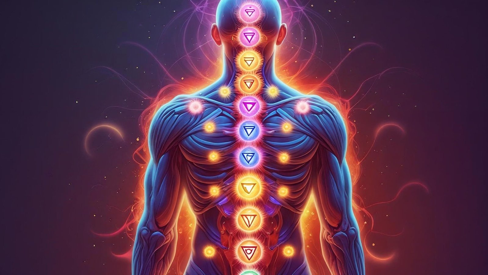 Human chakra energy centers glowing, symbolizing spiritual growth