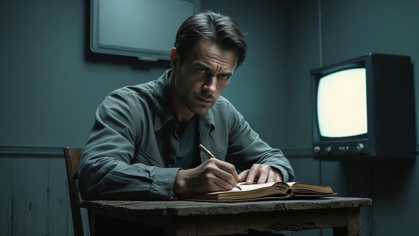 Winston Smith writing secret diary for 1984 Book Review illustration.