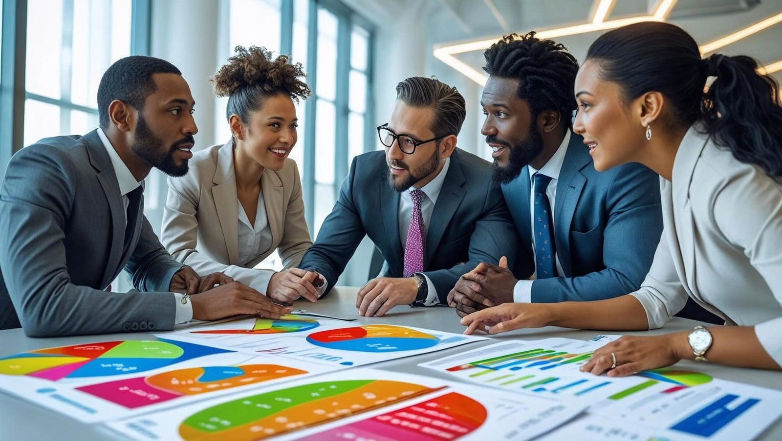 Business team collaborating on strategic business moves with charts and graphs in an office setting.