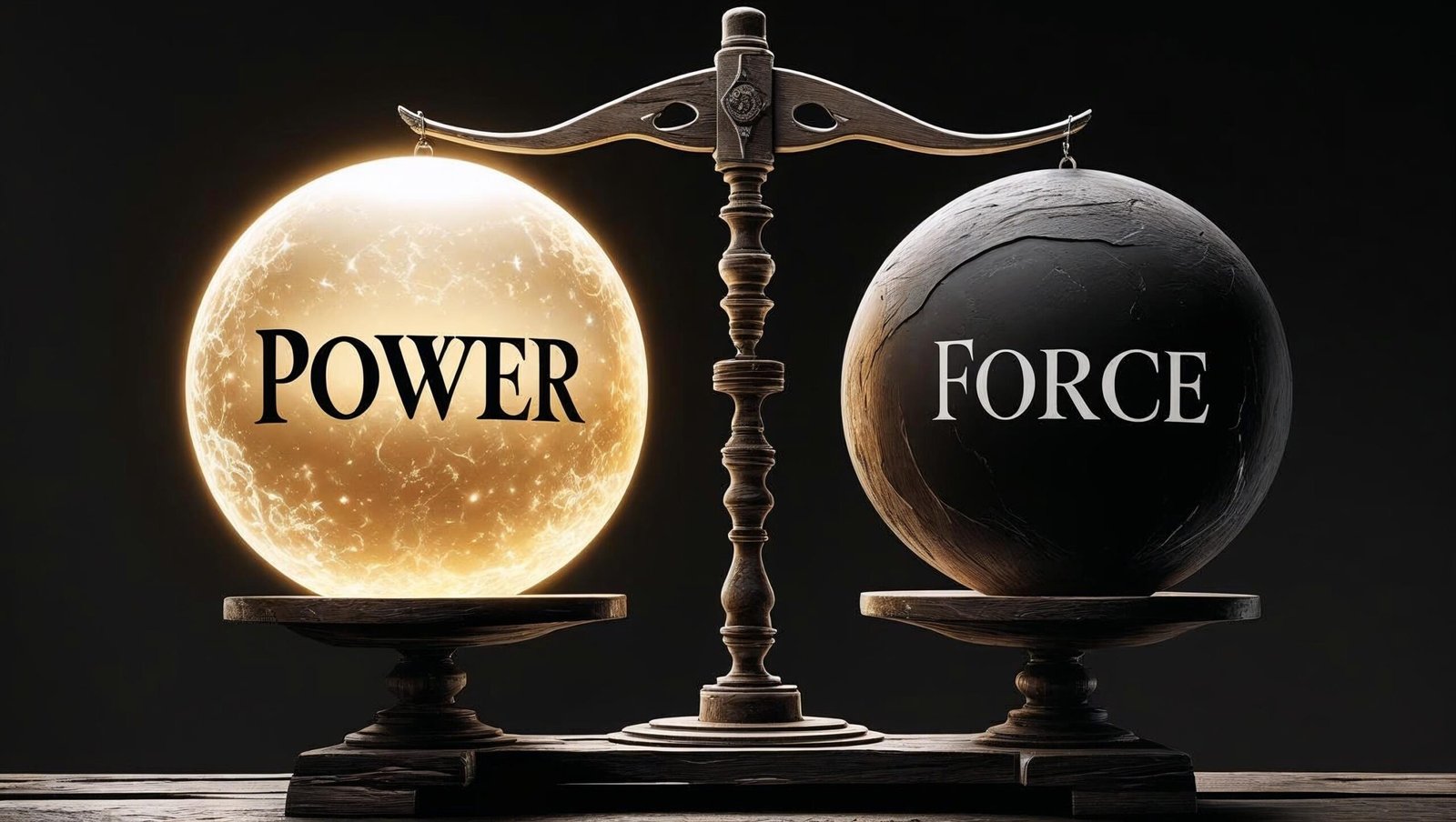 Balance scale illustrating power vs force contrast
