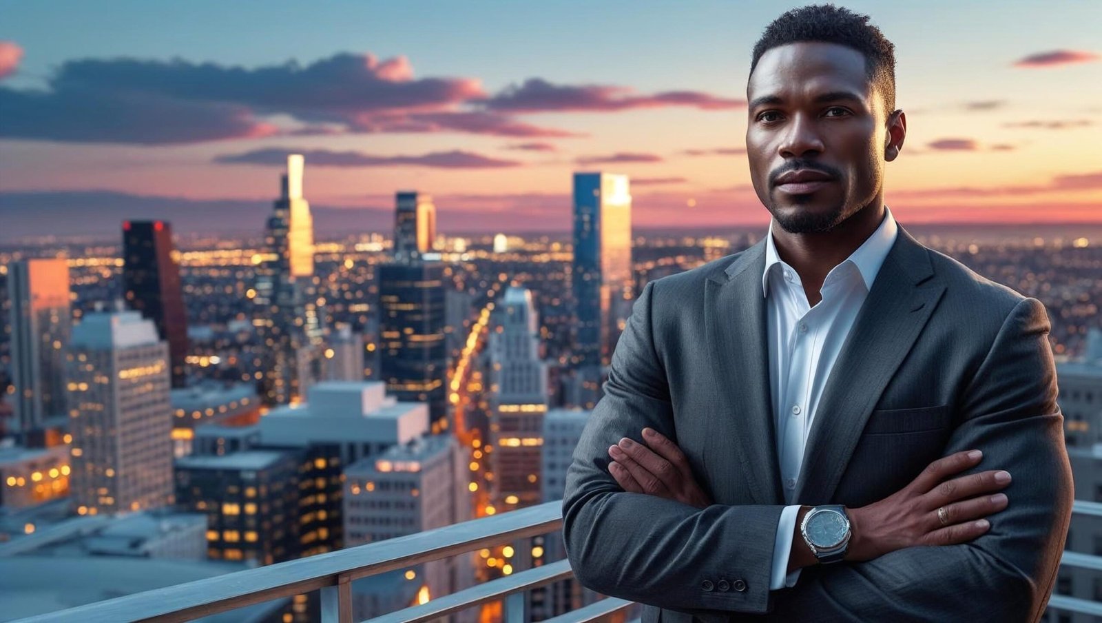 Confident entrepreneur overlooking city skyline representing leadership and strategic business moves.