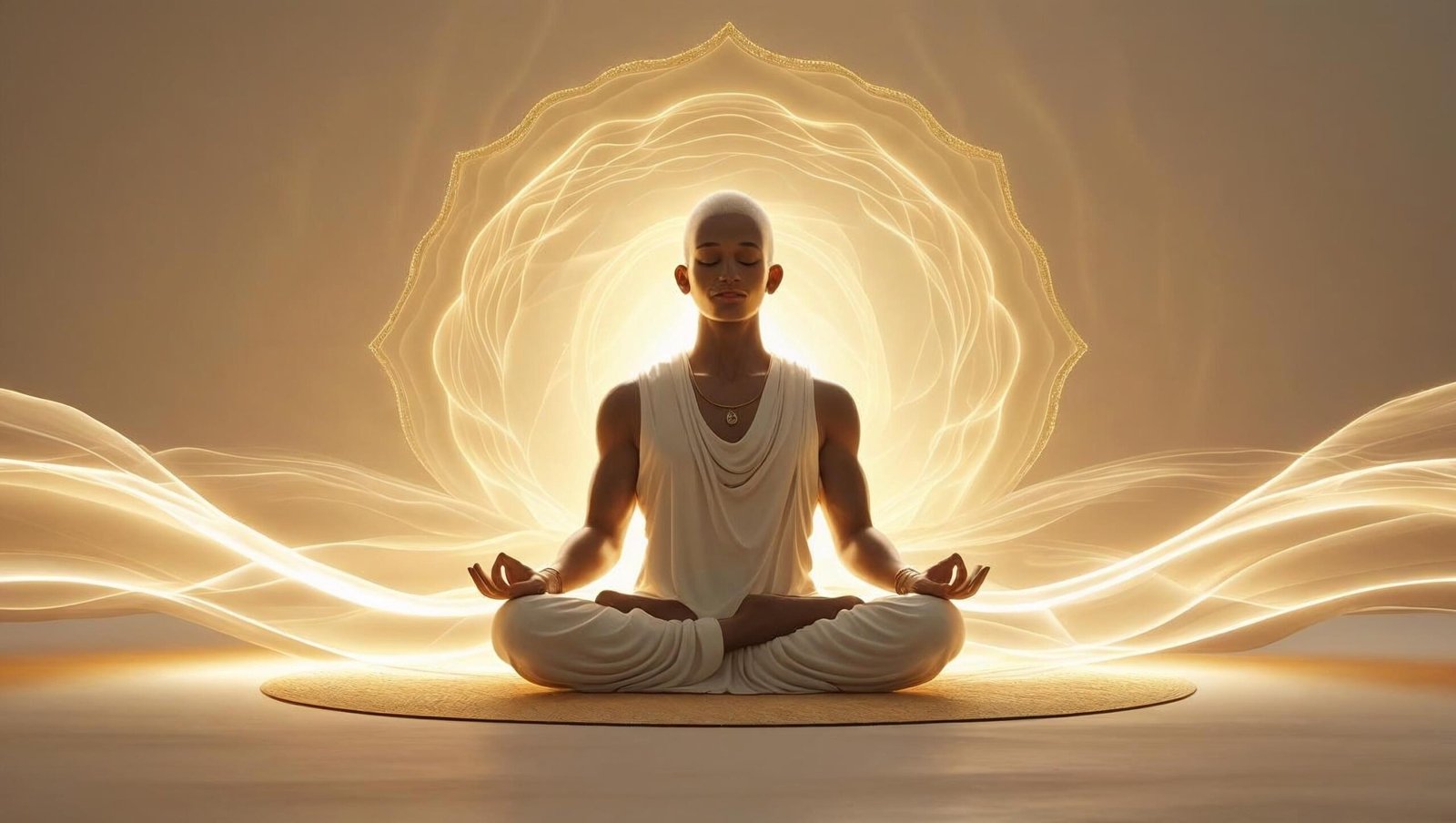 Meditator with glowing aura symbolizing enlightenment and higher consciousness