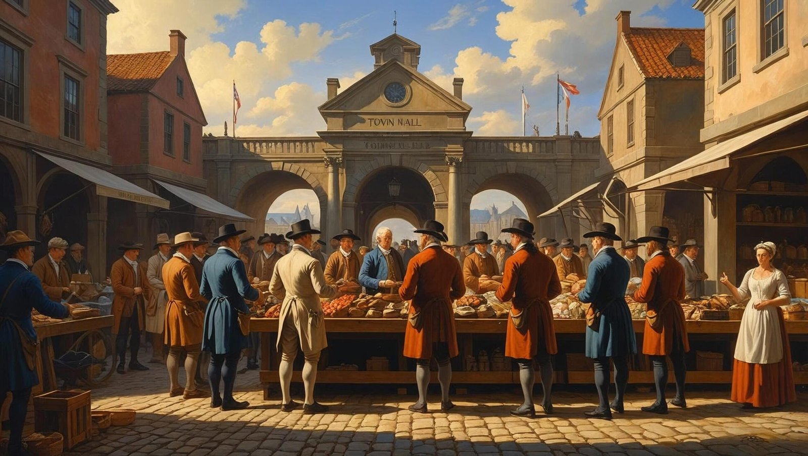 "Government officials overseeing market regulation and public infrastructure in 18th-century setting"