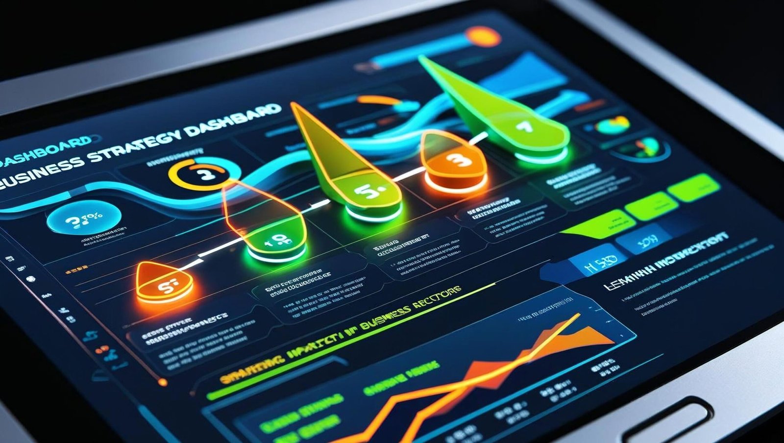 Digital tablet displaying business strategy dashboard with analytics highlighting strategic business moves.