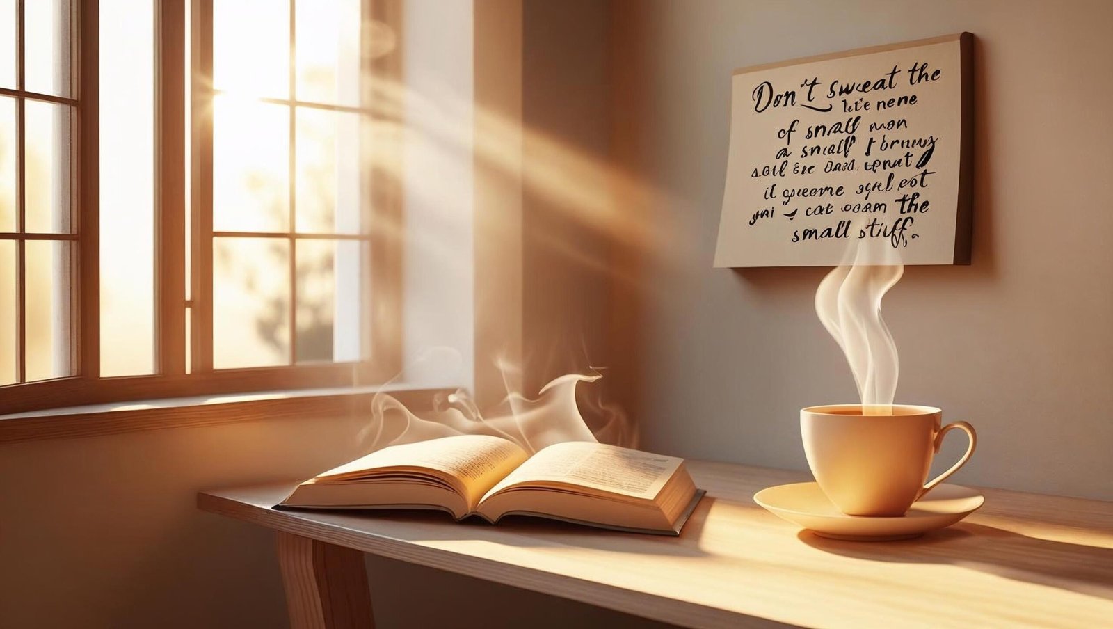 Peaceful reading space with a self-help book and tea
