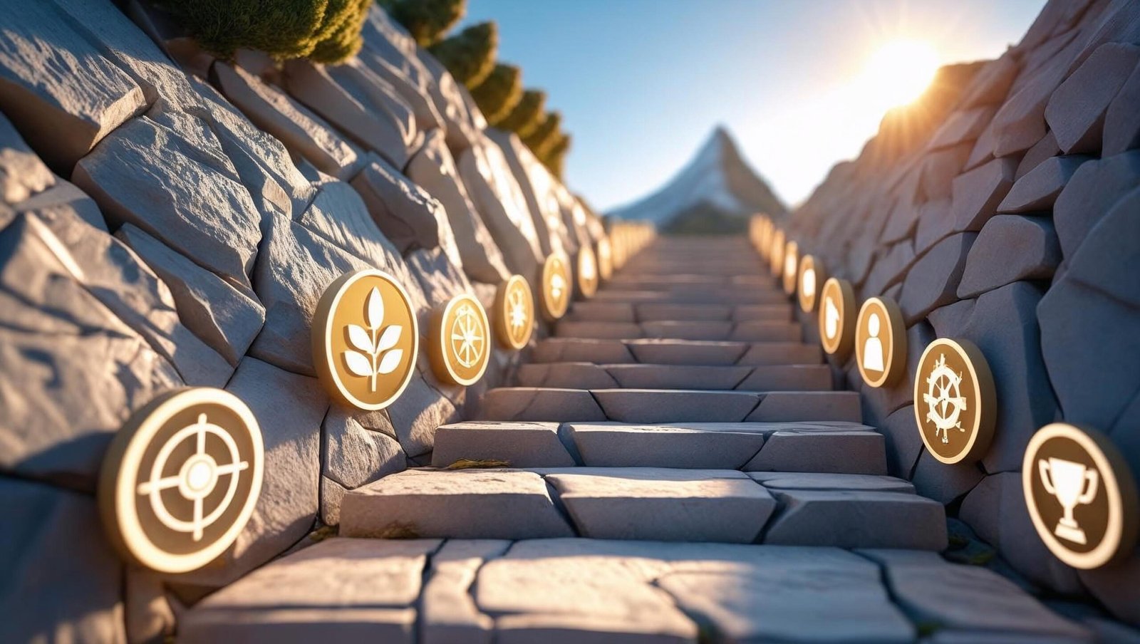 Upward pathway with business icons representing growth and strategic business moves.