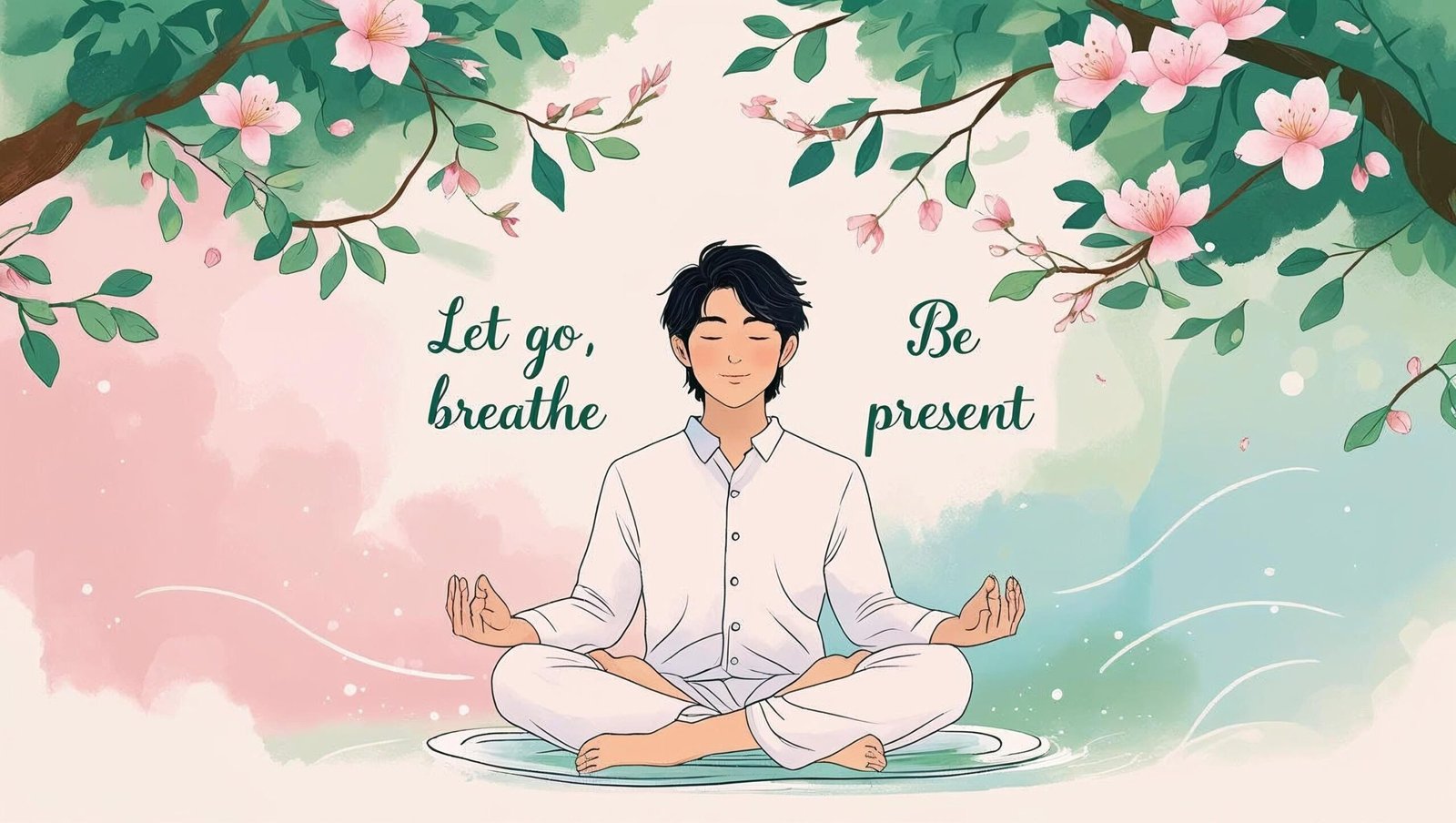 Meditating person under a tree with affirmations
