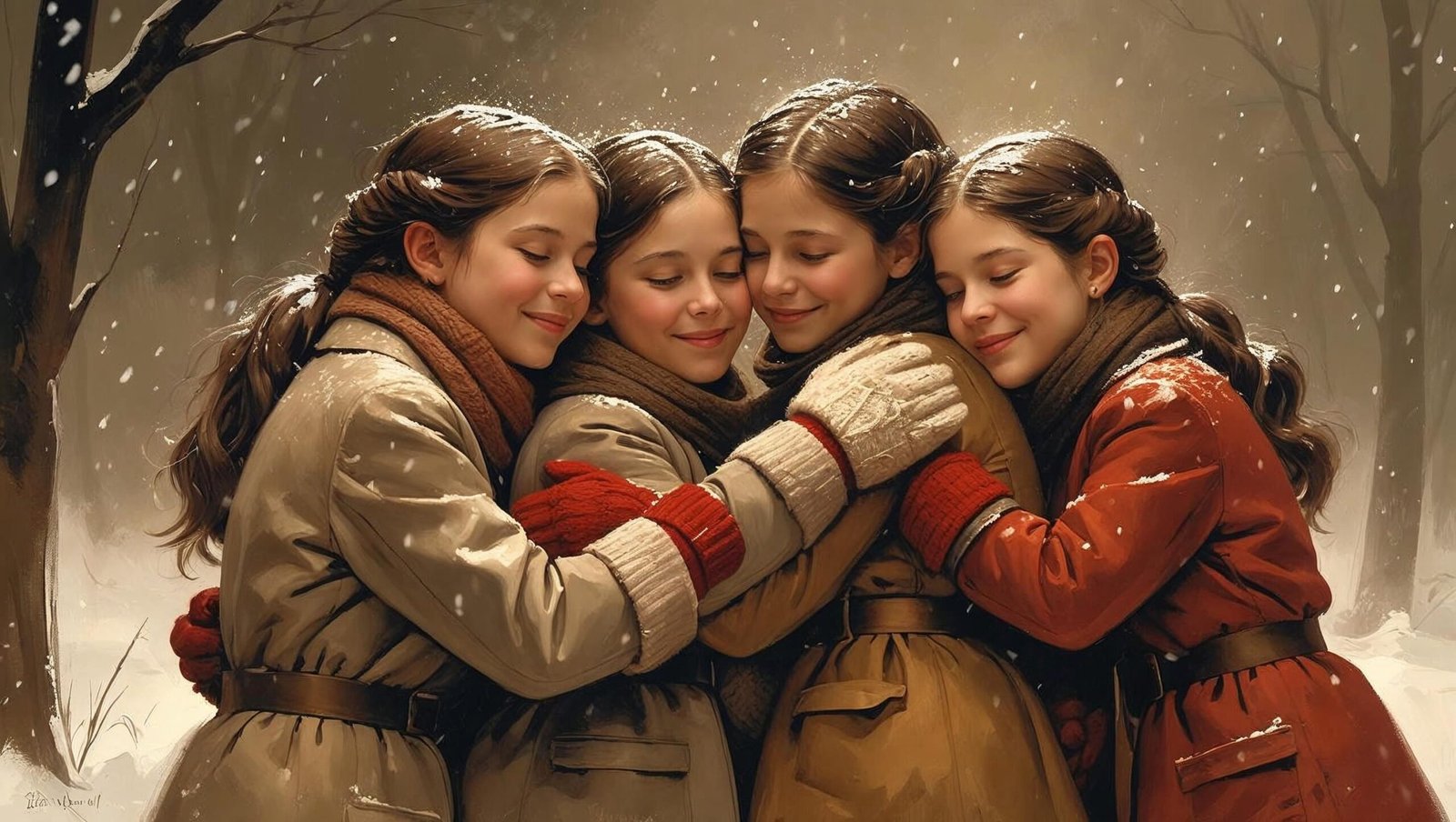 Artistic depiction of March sisters under snow – heartfelt moment in Little Women Book Review.