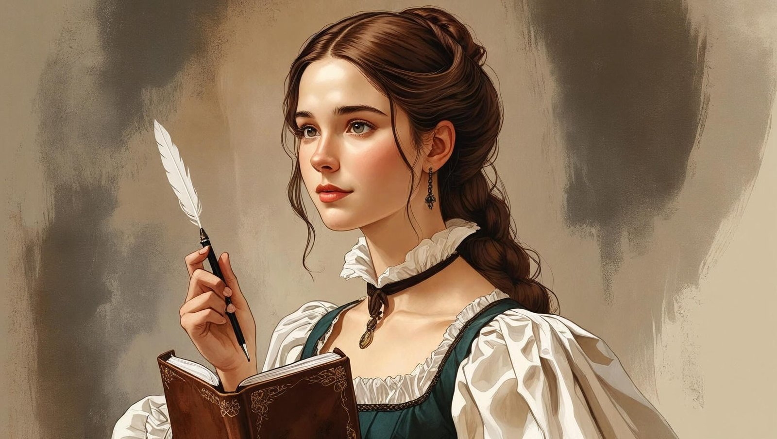 Illustration of Jo March writing, symbolic of Little Women’s feminist message.