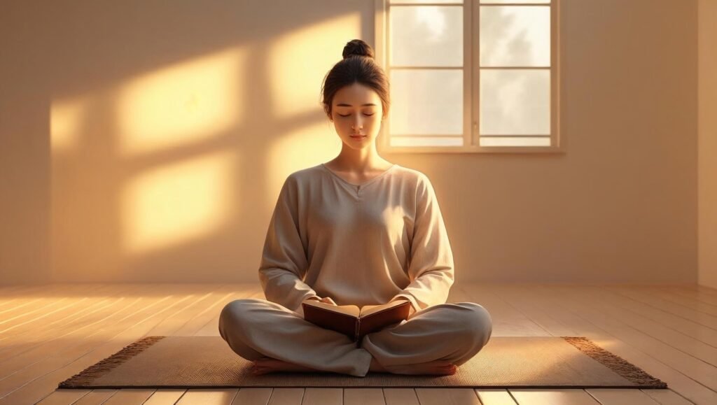 Calm person practicing mindfulness in a peaceful setting inspired by The Practicing Mind.
