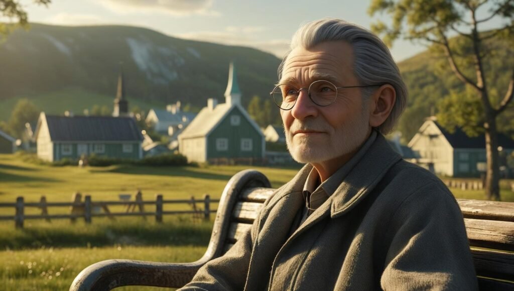 A lonely elderly man sitting on a bench in a quaint Swedish neighborhood, inspired by A Man Called Ove