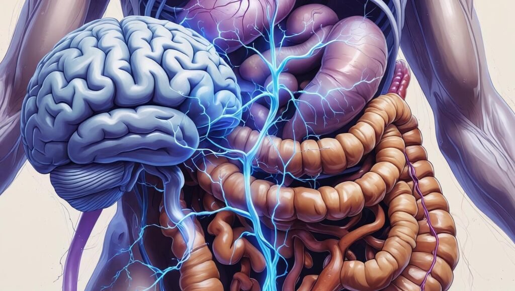 Illustration of the mind-gut connection showing brain and gut linked by nerves.