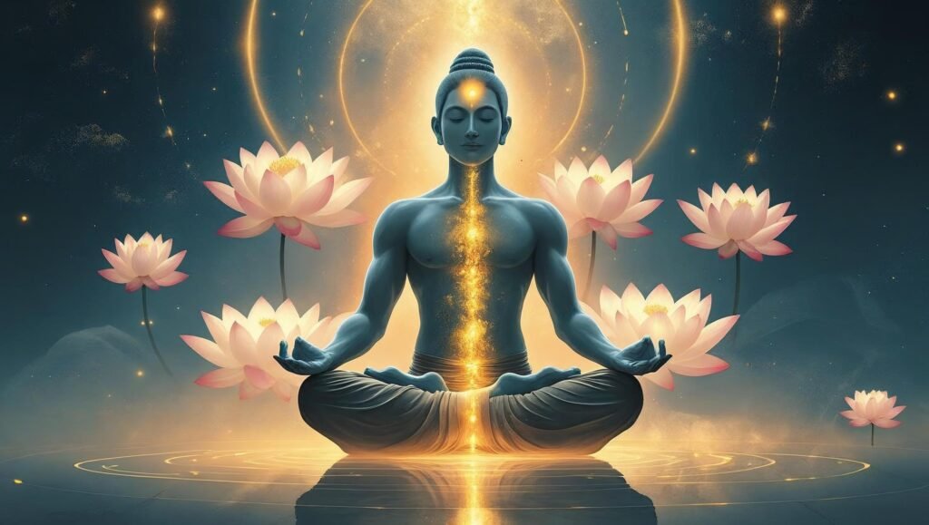 Meditative figure glowing with golden light symbolizing spiritual awakening in The Greatest Secret