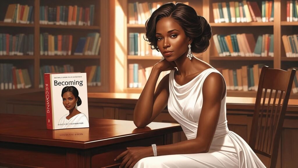 Becoming by Michelle Obama featured image portrait in library