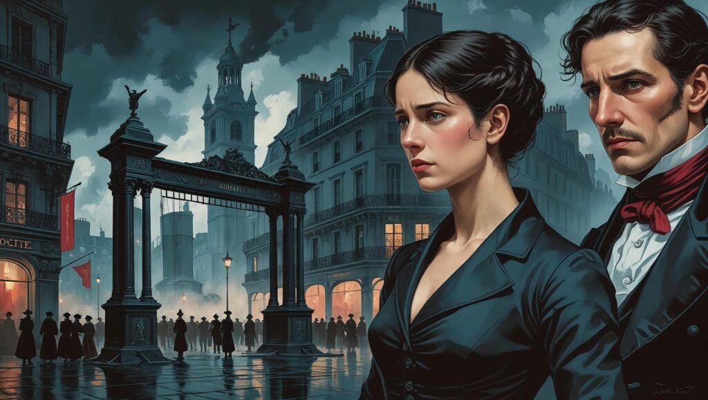 A Tale of Two Cities Book Review featured image showing key scenes including the guillotine, London and Paris, and main characters Sydney Carton and Lucie Manette.