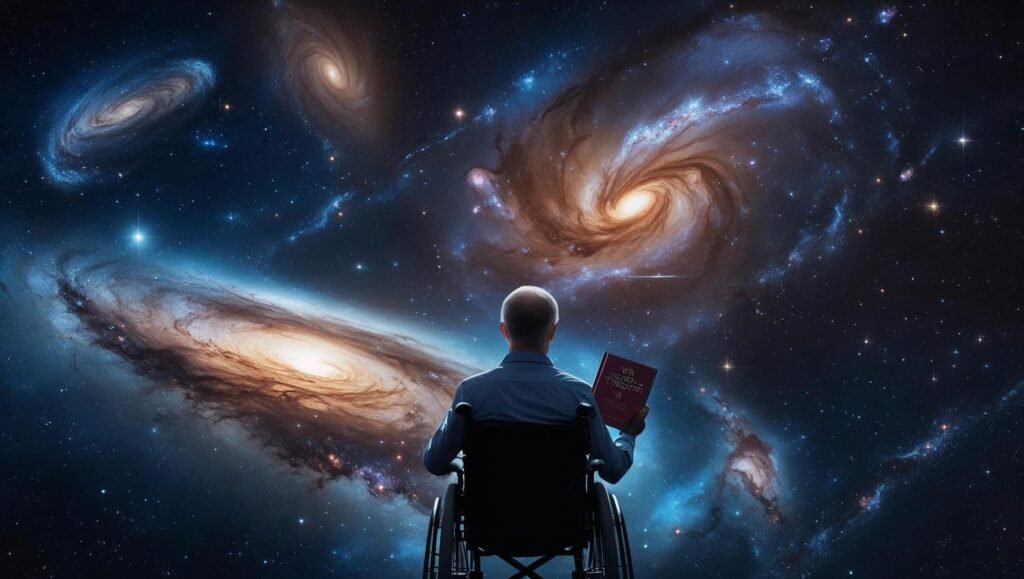 Stephen Hawking gazing into the universe, representing The Theory of Everything