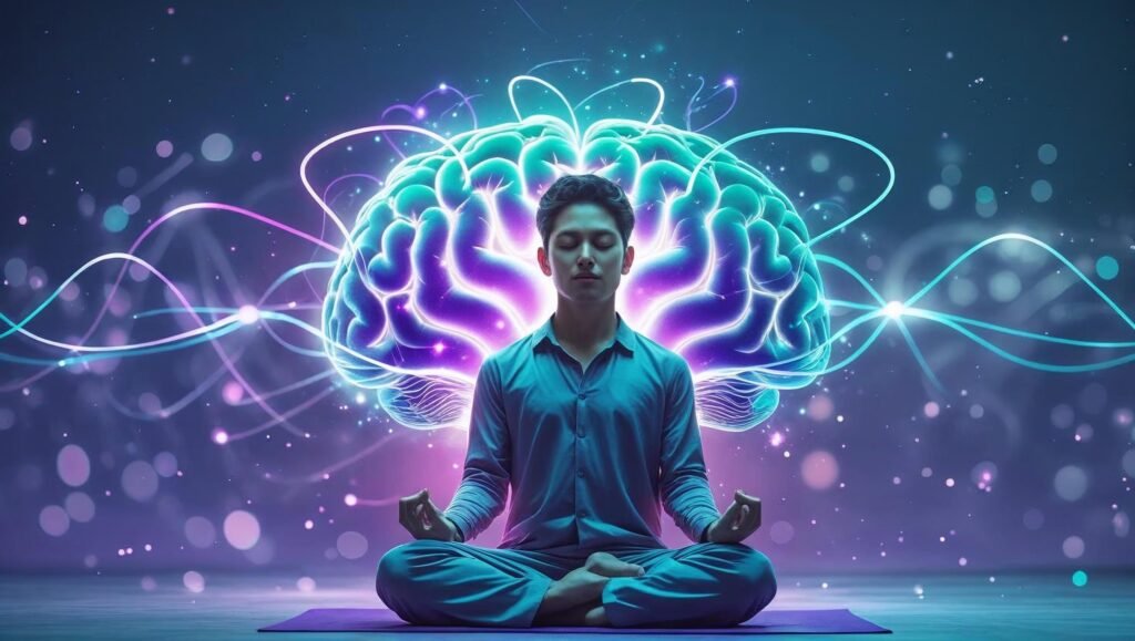 Person meditating with glowing neural pathways illustrating brain transformation in Breaking the Habit of Being Yourself.