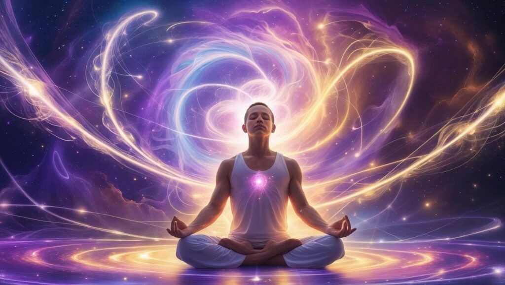 Meditating person with glowing aura surrounded by cosmic energy representing Becoming Supernatural transformation.