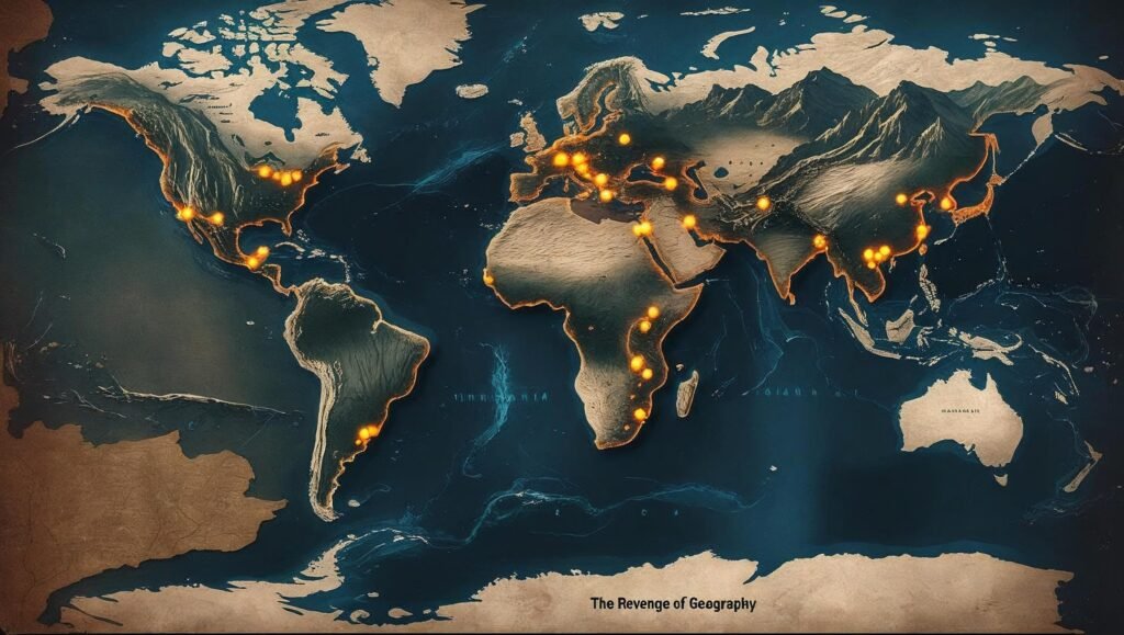 World map showing geopolitical hotspots with natural features for The Revenge of Geography