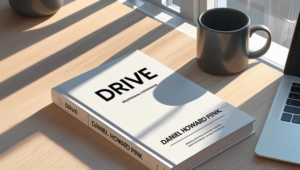 Book cover of Drive by Daniel Howard Pink on a work desk