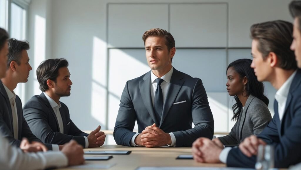 Confident executive leading with clarity in the first minute of a meeting