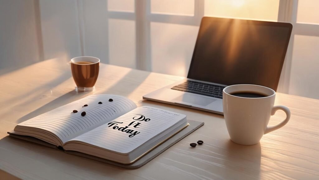 Clean desk with Do It Today journal and morning light