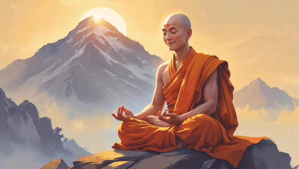 The Art of Happiness peaceful monk meditating at sunrise