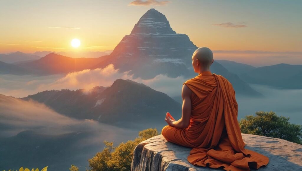True Wealth symbolized by inner peace and a meditating monk