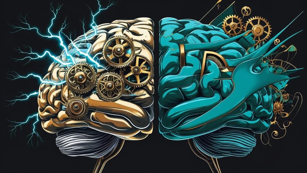 Visual concept of Thinking Fast and Slow with brain split into fast intuitive and slow logical sides