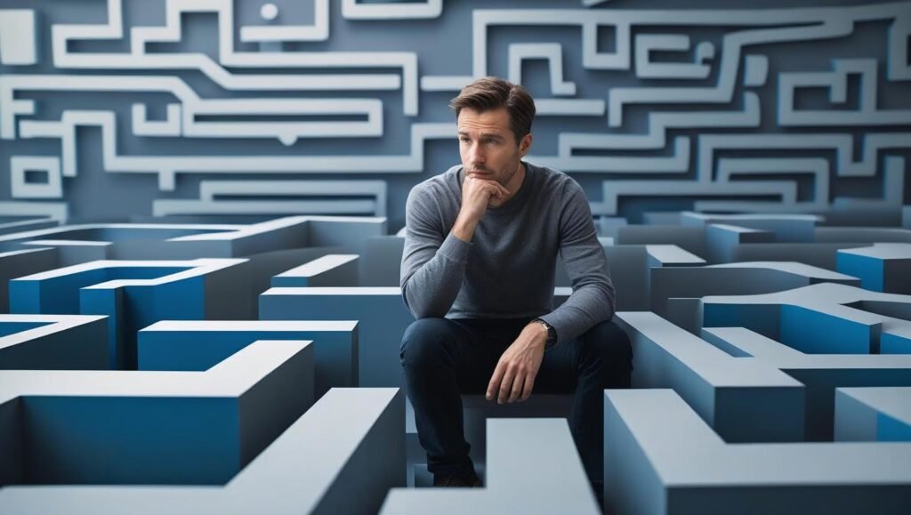 Person lost in thoughts representing common cognitive biases