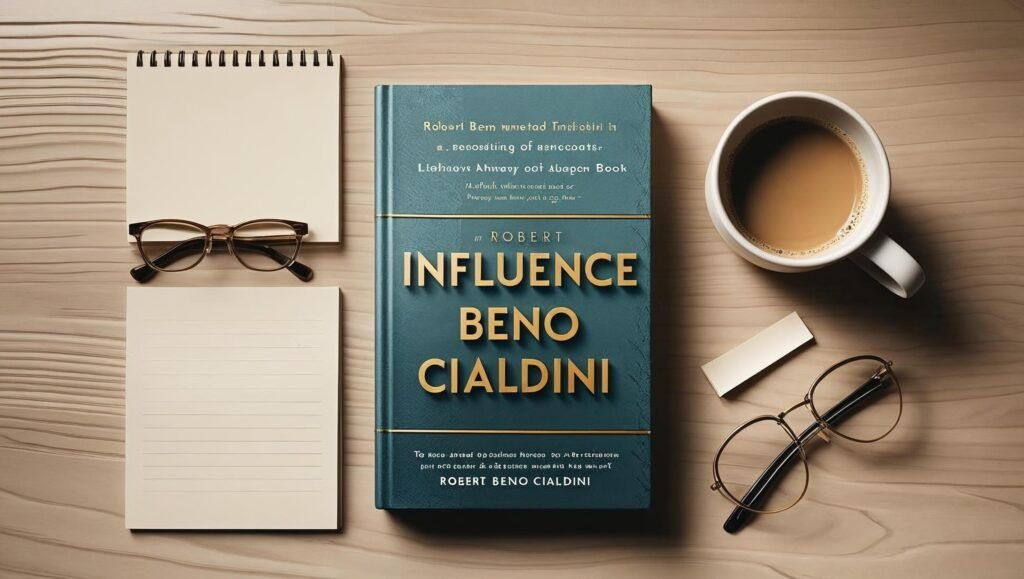 Influence by Robert Beno Cialdini book on desk with coffee