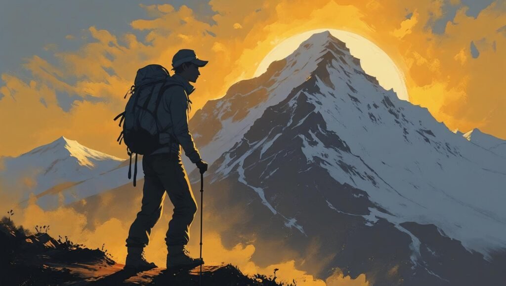 A symbolic image inspired by the book The Mountain Is You by Brianna Wiest showing a lone climber ascending a mountain at sunrise