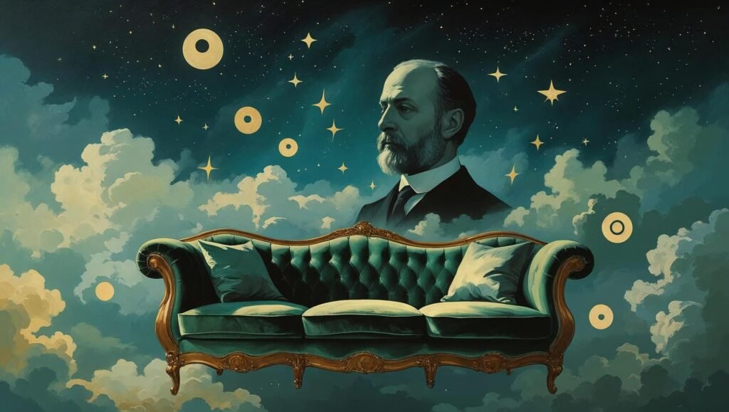 Surreal dreamscape representing Freud's Interpretation of Dreams