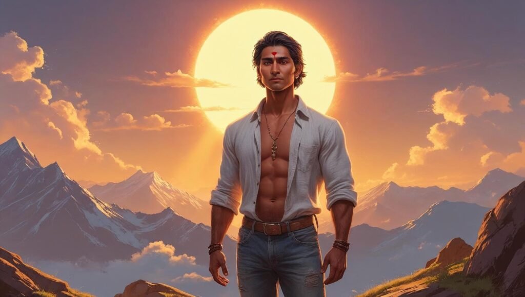 An inspiring figure symbolizing the core message of The Leader Who Had No Title, standing alone on a mountaintop at sunrise