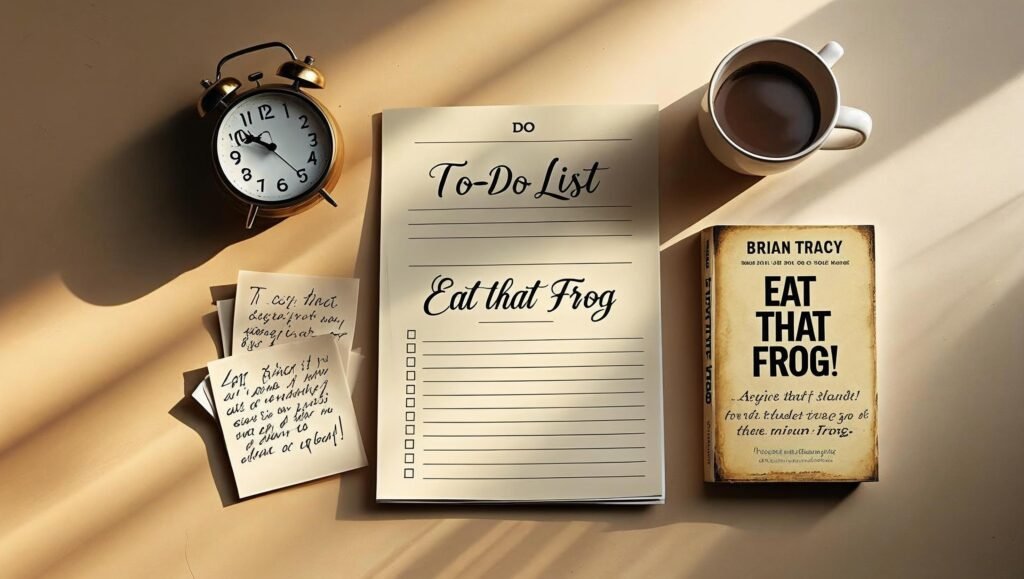 Productivity workspace with book Eat That Frog by Brian Tracy and morning to-do list