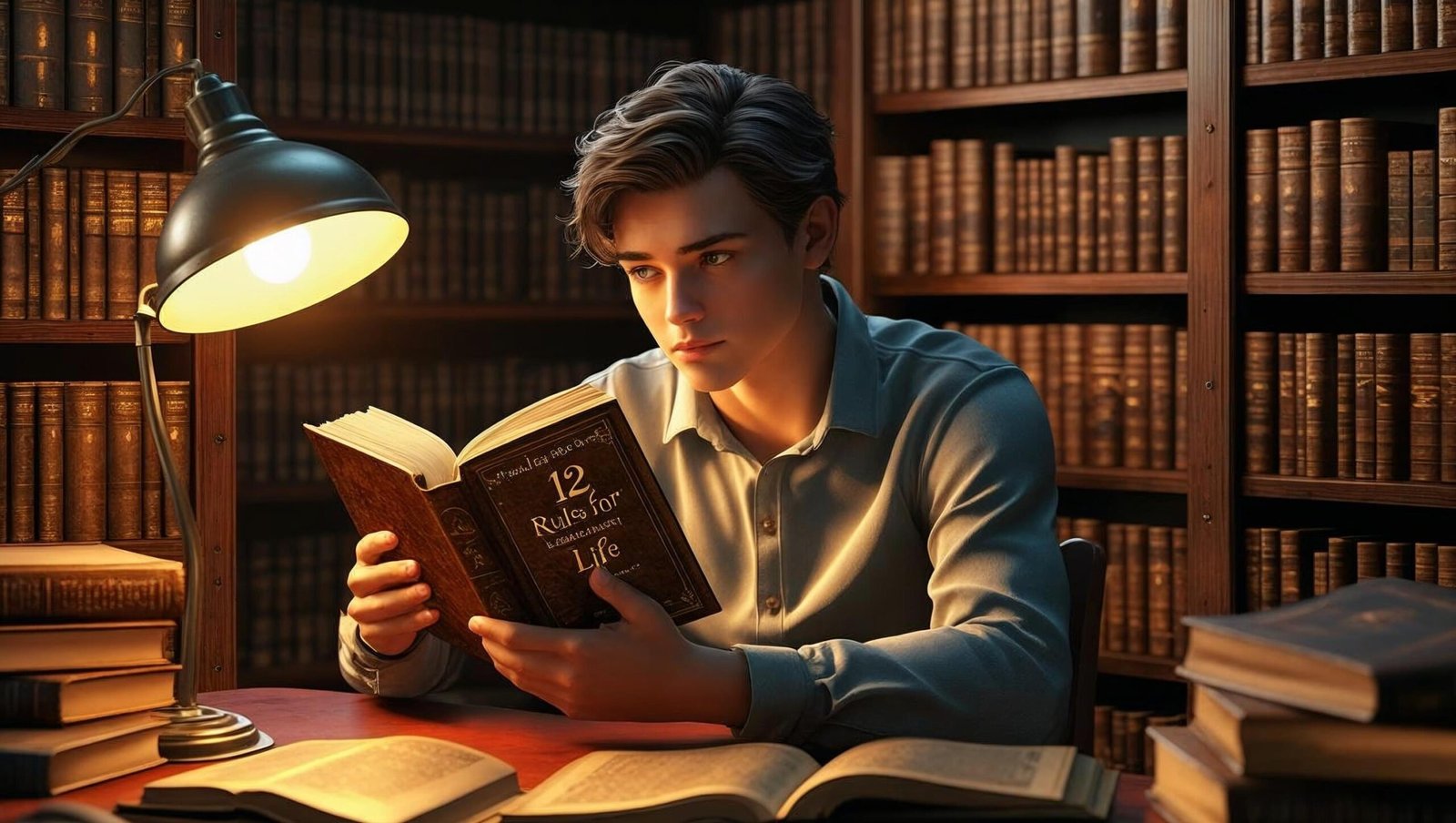 man reading 12 Rules for Life by Jordan Peterson in library