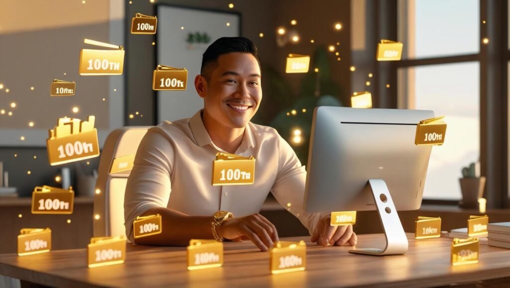 100th blog post milestone featured celebration with golden icons