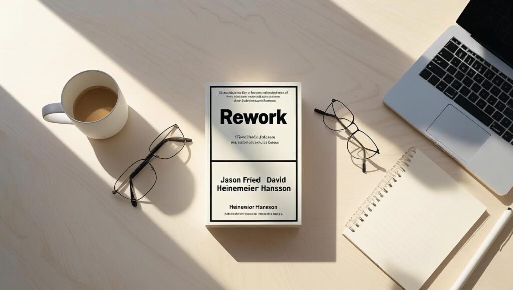 Rework book review featured image with flat lay of book and desk