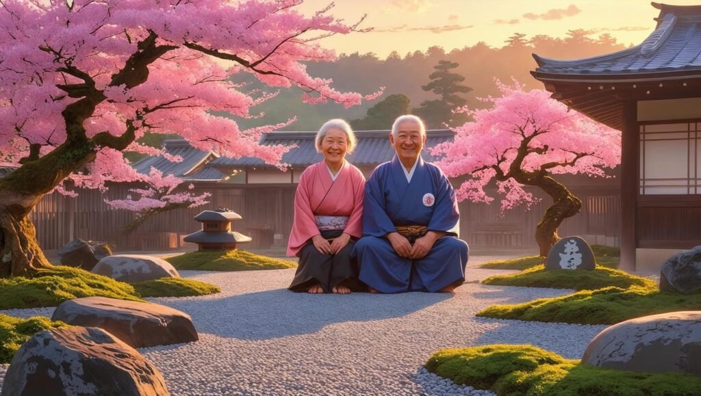 Ikigai book review featured image with elderly couple in serene Japanese garden