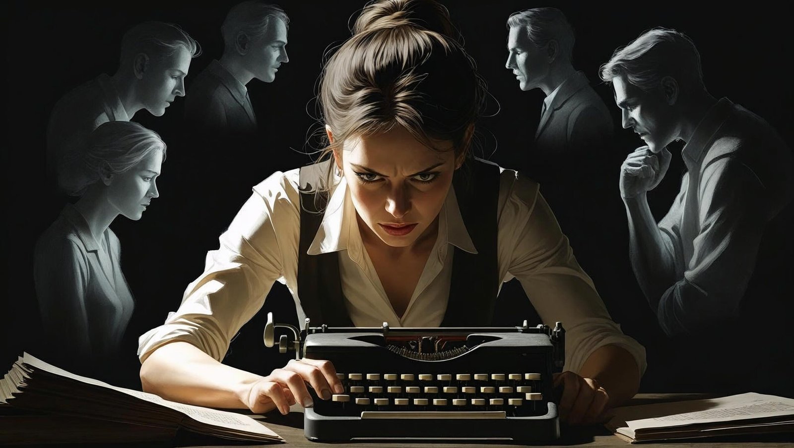 Struggling writer typing in shadows – Yellowface book theme