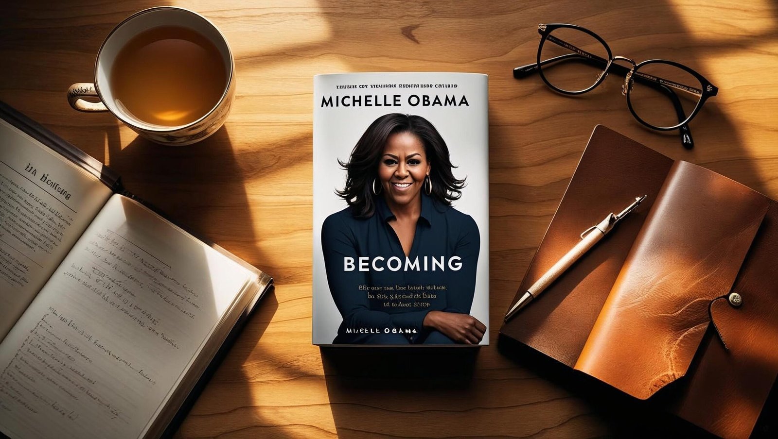 Becoming by Michelle Obama flat lay book with journal