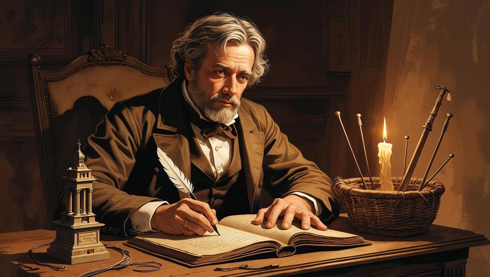 Portrait of Charles Dickens writing A Tale of Two Cities Book Review manuscript with symbolic elements.