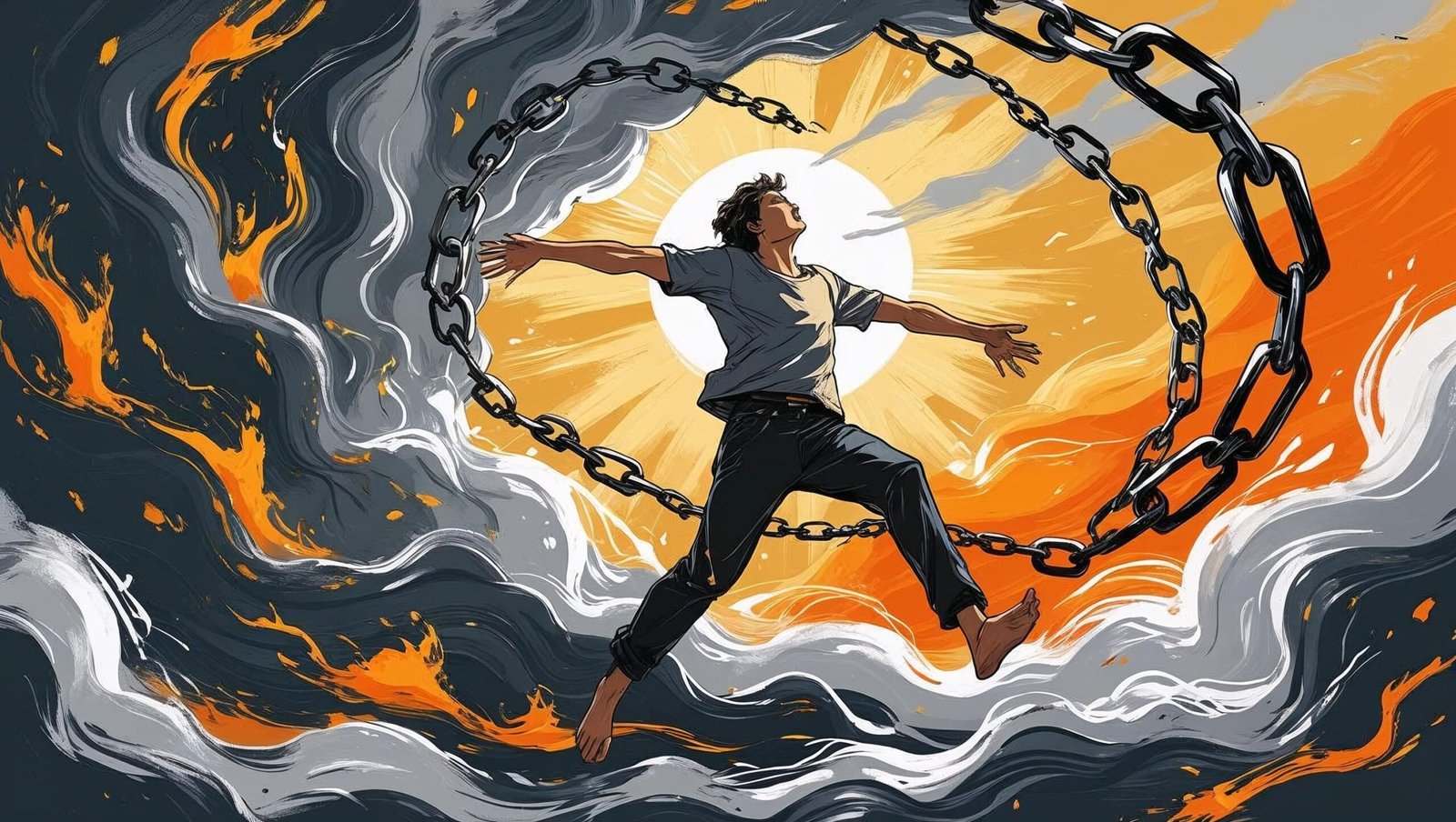 Breaking free from mental chains symbolizing old habits in Breaking the Habit of Being Yourself.
